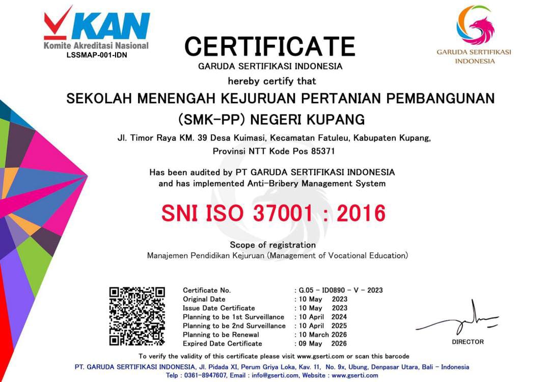 Komitmen Anti Korupsi, SMK PP Kementan raih Sertifikat ISO 37001:2016