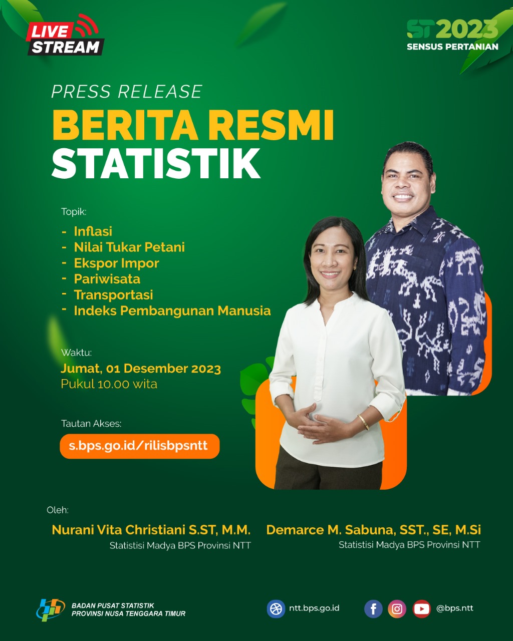 BPS NTT Ungkap Inflasi MtM 3 Kota di NTT Posisi November 2023 Sebesar 0,37 Persen